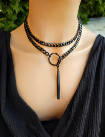 Stainless Steel Lariat Heart Necklace Personality Heavy Ring Cuban Long Chain Punk Rock Slipchain Choker Collar For Women Men